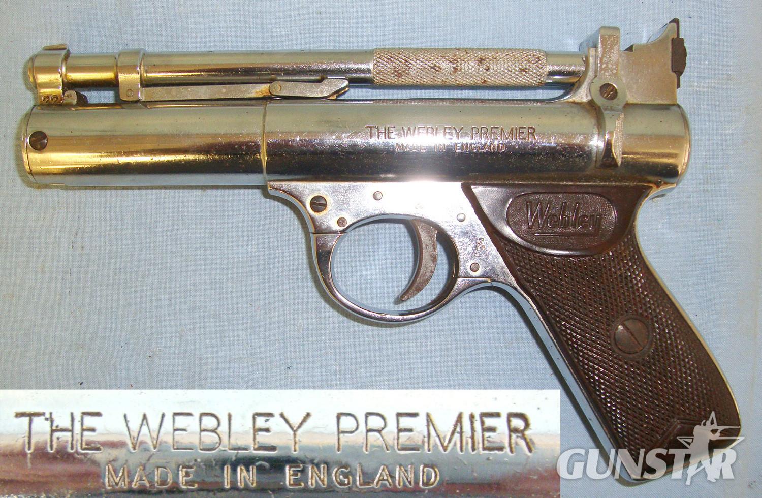 RARE**FACTORY SPECIAL ORDER NICKEL OR CHROME PLATED**Early 1970\'s Webley Premier \'E\' Series .22 Calibre Air Pistol. Sn 20709:34 .22 in 