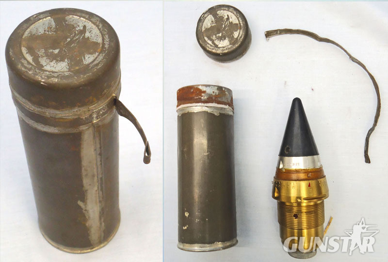 INERT. Unfired British WW2, 1945 Dated, No 208 Mark I Clockwork Time Fuze & Transit Container For The British 3.7, 4.5 & 5.25 Inch Anti-aircraft Gun. - O 2007 INERT. Unfired British WW2, 1945 Dated, No 208 Mark I Clockwork Time Fuze & Transit Container For The British 3.7, 4.5 & 5.25 Inch Anti-aircraft Gun. - O 2007  Other Ammunition in 