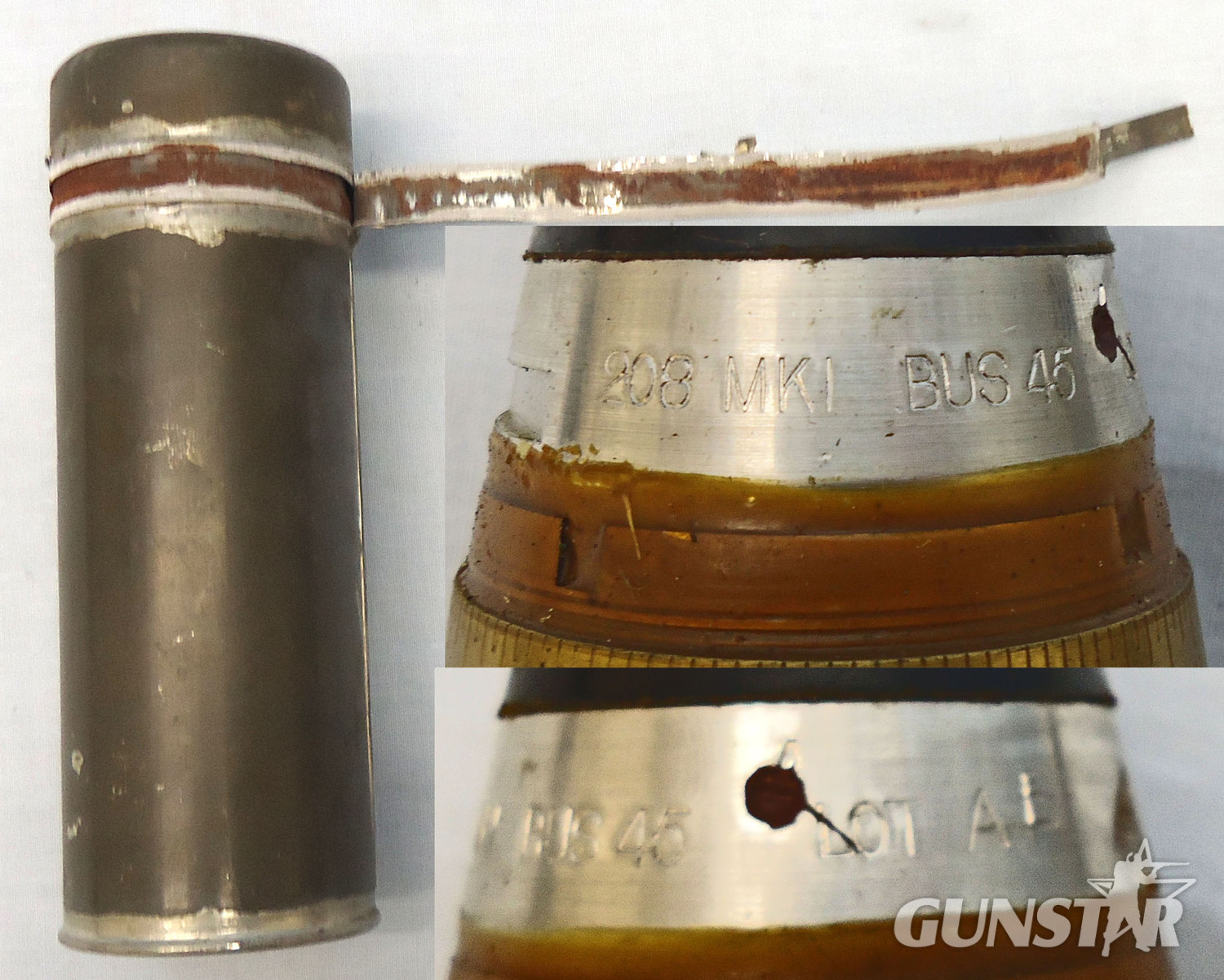  INERT. Unfired British WW2, 1945 Dated, No 208 Mark I Clockwork Time Fuze & Transit Container For The British 3.7, 4.5 & 5.25 Inch Anti-aircraft Gun. - O 2007 INERT. Unfired British WW2, 1945 Dated, No 208 Mark I Clockwork Time Fuze & Transit Container For The British 3.7, 4.5 & 5.25 Inch Anti-aircraft Gun. - O 2007  Other Ammunition