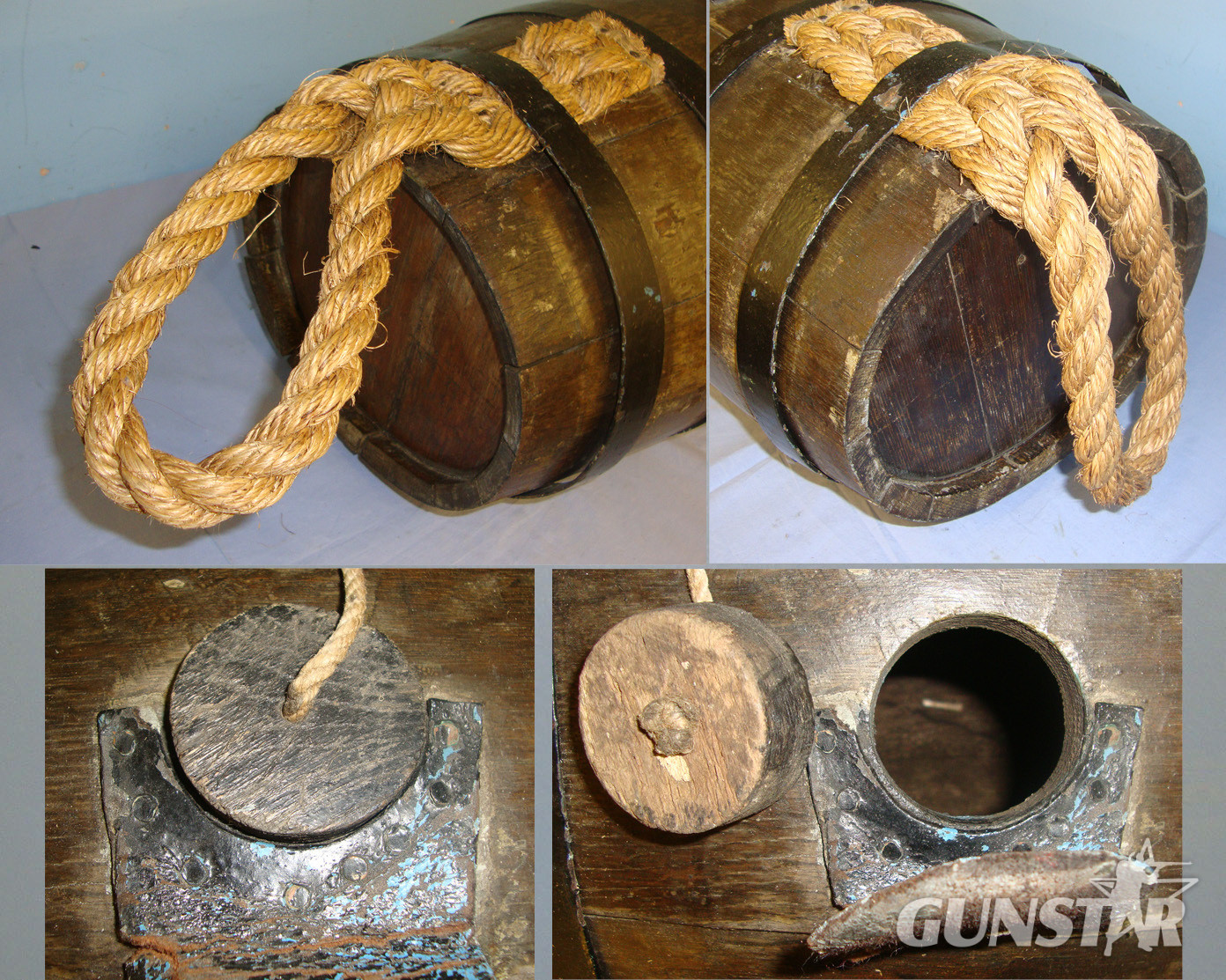 Late Victorian / Edwardian Era British Royal Navy Ship’s Steel Banded, Coopered Oak Royal Navy Barricoe Grog Rum Cask, Also Known As A Breaker With Plaited Hessian Rope Carry Handles. Sn 21205  Antique & Militaria