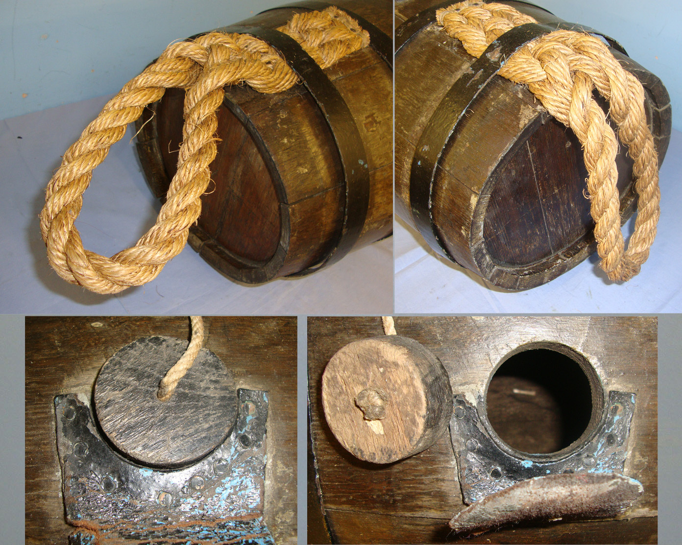 Late Victorian / Edwardian Era British Royal Navy Ship’s Steel Banded, Coopered Oak Royal Navy Barricoe Grog Rum Cask, Also Known As A Breaker With Plaited Hessian Rope Carry Handles. Sn 21205  Antique & Militaria
