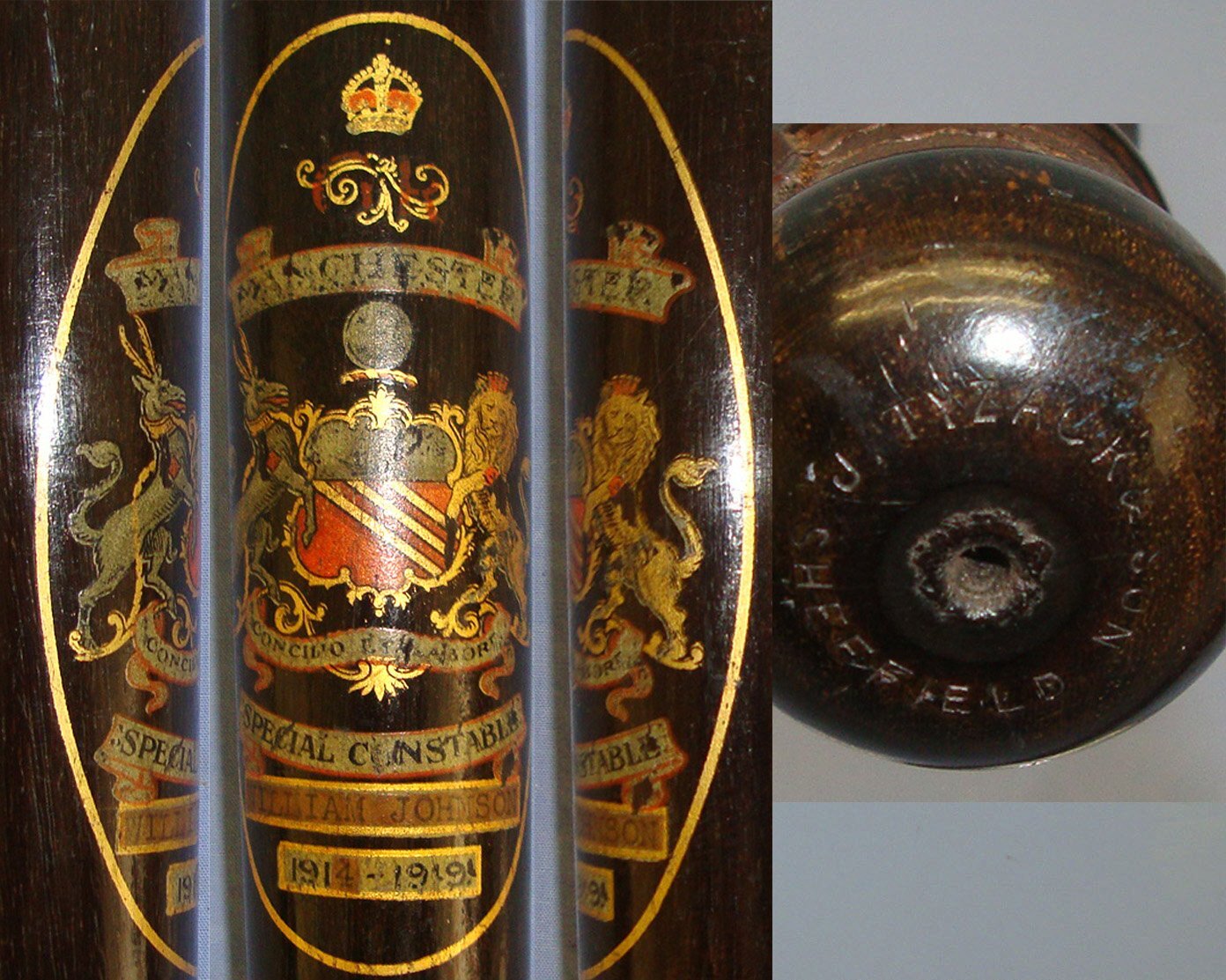 RARE**WW1 Era 1914-1919, Manchester Special Constable\'s Lignum Vitae Tropical Hardwood Polychrome Decorated Presentation Police Truncheon By J Tyzack & Son Sheffield With King’s Crown, Heraldic Arms To SC William Johnson. Sn 21229:1 Antique & Militaria