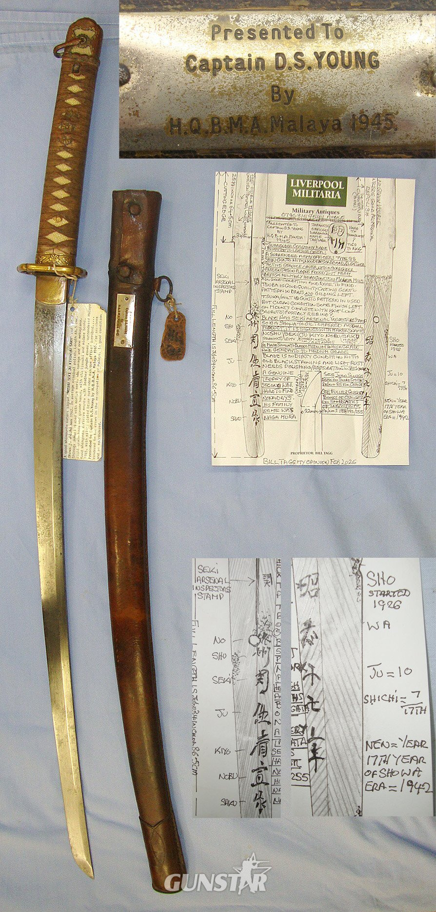 RARE**SURRENDER PRESENTATION**WW2 1942 Dated Japanese Officer’s Seki Arsenal Type 98 Sword Smith Signed ‘Noshu Seki Ju Kiyo Nobu Saku’ With Presentation Plaque To Captain D.S. Young By HQBMA Malaya 1945, Japanese Officer’s Name Tag & Assessment.   Sword in 