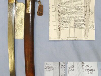 RARE**SURRENDER PRESENTATION**WW2 1942 Dated Japanese Officer’s Seki Arsenal Type 98 Sword Smith Signed ‘Noshu Seki Ju Kiyo Nobu Saku’ With Presentation Plaque To Captain D.S. Young By HQBMA Malaya 1945, Japanese Officer’s Name Tag & Assessment.   Sword