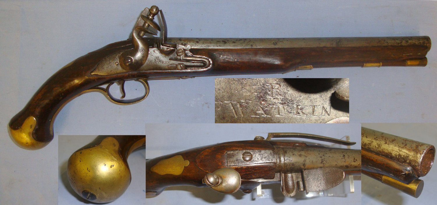 British Naval Officer’s Private Purchase R. Watkins (London C1710-1740) Long Sea Service Pattern .577” Regulation Calibre, Flintlock Pistol With Belt Bar & Brass Fittings Including Cudgel Butt. Sn 21393:15 flintlock pistol .577 Muzzleloader in 