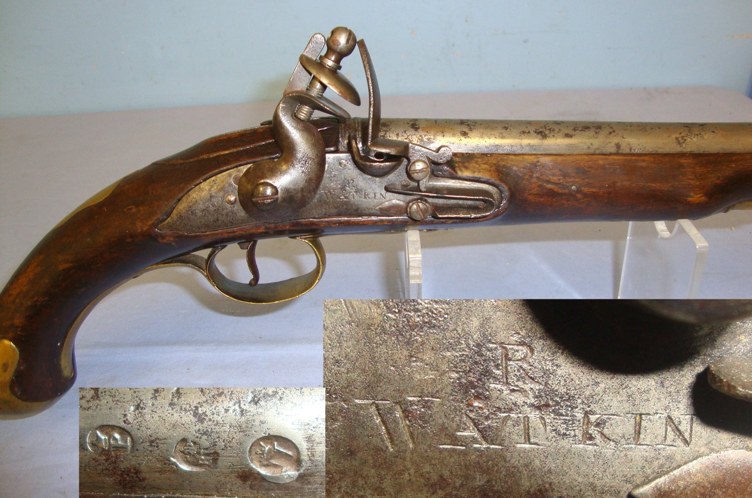 British Naval Officer’s Private Purchase R. Watkins (London C1710-1740) Long Sea Service Pattern .577” Regulation Calibre, Flintlock Pistol With Belt Bar & Brass Fittings Including Cudgel Butt. Sn 21393:15 flintlock pistol .577 Muzzleloader