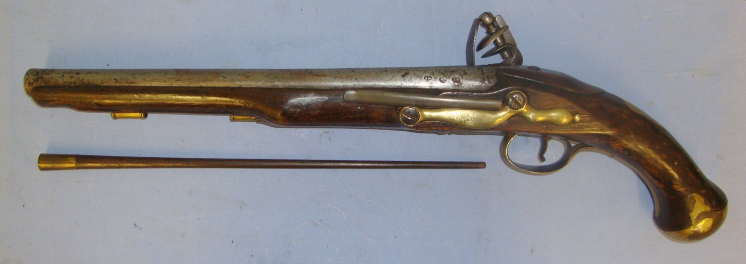  British Naval Officer’s Private Purchase R. Watkins (London C1710-1740) Long Sea Service Pattern .577” Regulation Calibre, Flintlock Pistol With Belt Bar & Brass Fittings Including Cudgel Butt. Sn 21393:15 flintlock pistol .577 Muzzleloader