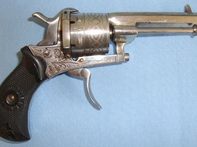 Nickel Plated Continental 7mm Pinfire 6 Shot Revolver With Folding Trigger & Oct 7mm Pinfire 6 Shot Revolver With Folding Trigger & Octagonal Barrel. 7mm Revolver
