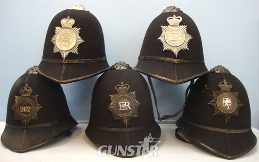 Police Male Constable\'s / Sergeant\'s Blue Serge Helmets With Helmet Plates, Pr 5 x Various Police Male Constable's / Sergeant's Blue Serge Helmets With Helmet  Clothing in 