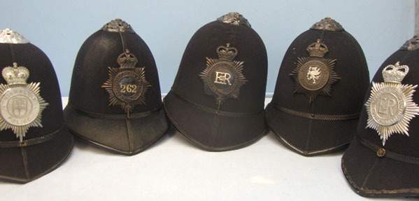 Police Male Constable\'s / Sergeant\'s Blue Serge Helmets With Helmet Plates, Pr 5 x Various Police Male Constable's / Sergeant's Blue Serge Helmets With Helmet  Clothing