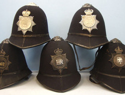 Police Male Constable\'s / Sergeant\'s Blue Serge Helmets With Helmet Plates, Pr 5 x Various Police Male Constable's / Sergeant's Blue Serge Helmets With Helmet  Clothing