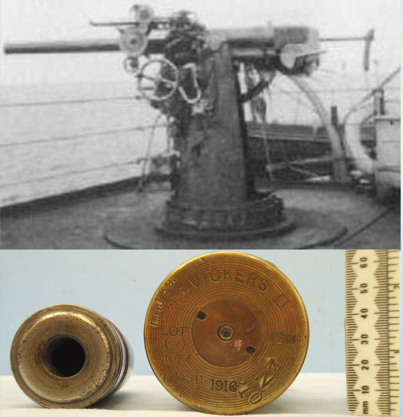 DEACTIVATED INERT. RARE, British Unfired WW 1, 1916 Dated, Naval Vickers 3 Pounder Mark 2, (47x411R) High Explosive Common Pointed Round. - 19403 DEACTIVATED INERT. RARE, British Unfired WW 1, 1916 Dated, Naval Vickers 3 Pounder Mark 2, (47x411R) High Explosive Common Pointed Round. - 19403  Other Ammunition