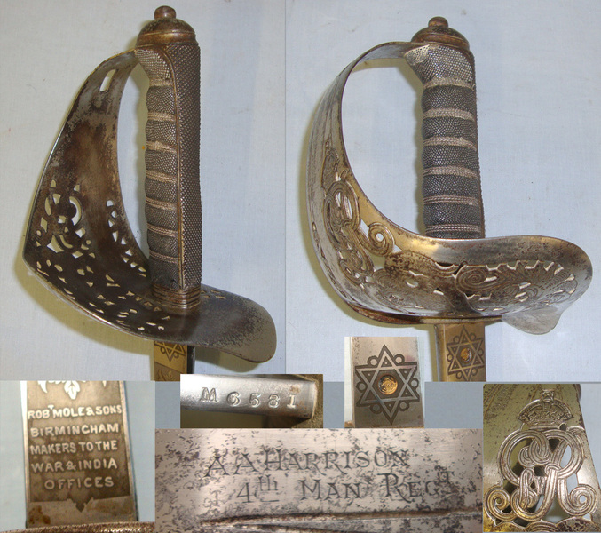 George V British Robert Mole & Sons Birmingham Makers To The War & India Offices 1897 Pattern Infantry Officer’s Sword To ‘A.A. Harrison 4th Battalion Manchester Regiment’ With Etched Blade Number 6581 & Leather Field Covered Scabbard Sword