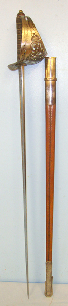  George V British Robert Mole & Sons Birmingham Makers To The War & India Offices 1897 Pattern Infantry Officer’s Sword To ‘A.A. Harrison 4th Battalion Manchester Regiment’ With Etched Blade Number 6581 & Leather Field Covered Scabbard Sword