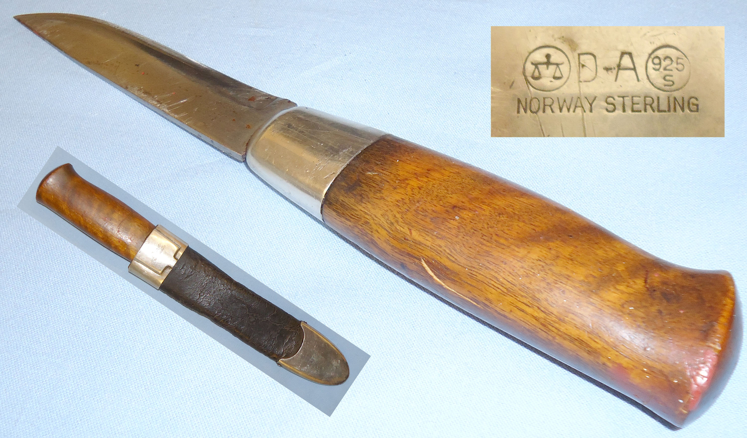 Scarce* Norwegian First Model David Anderson Hunting / Fishing Knife and Open Top Leather Scabbard With Norwegian 925 Sterling Silver Mounts. 21301. Hunting Knive