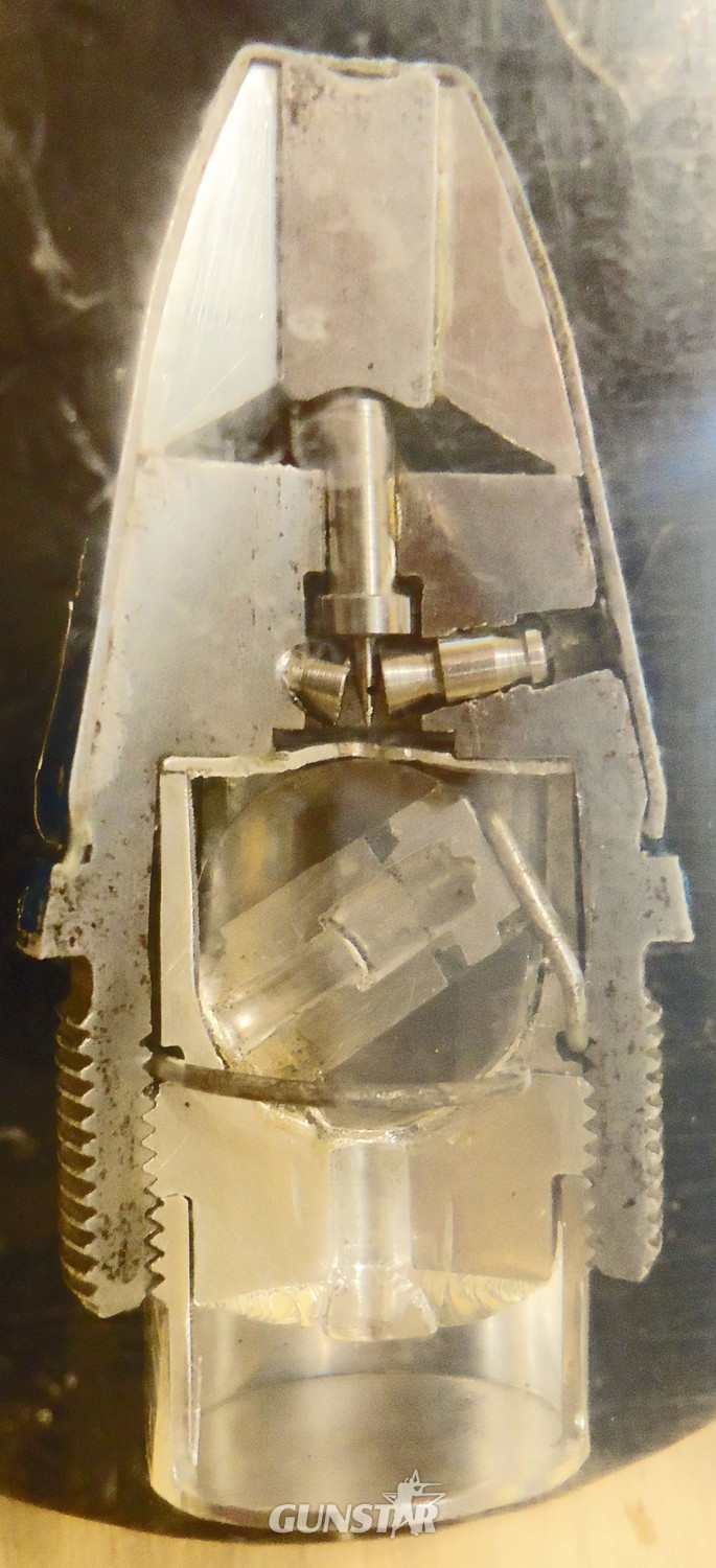 INERT DEACTIVATED. British, 30mm Aden (30x110B) Aircraft Cannon High Explosive Round Half Sectioned Nose Impact Fuze. - O 1975 INERT DEACTIVATED. British, 30mm Aden (30x110B) Aircraft Cannon High Explosive Round Half Sectioned Nose Impact Fuze. - O 1975  Other Ammunition - {CATEGORY}