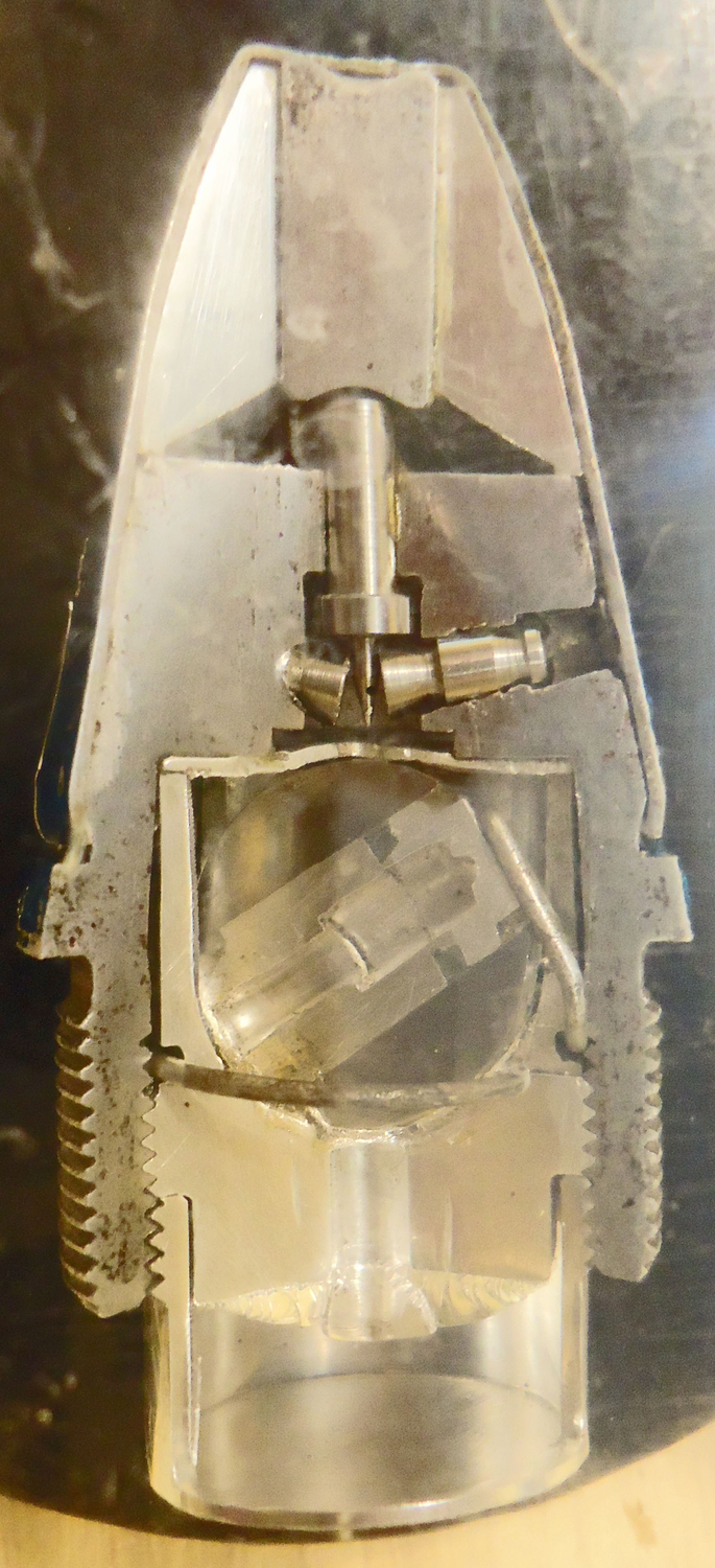 INERT DEACTIVATED. British, 30mm Aden (30x110B) Aircraft Cannon High Explosive Round Half Sectioned Nose Impact Fuze. - O 1975 INERT DEACTIVATED. British, 30mm Aden (30x110B) Aircraft Cannon High Explosive Round Half Sectioned Nose Impact Fuze. - O 1975  Other Ammunition - {CATEGORY}