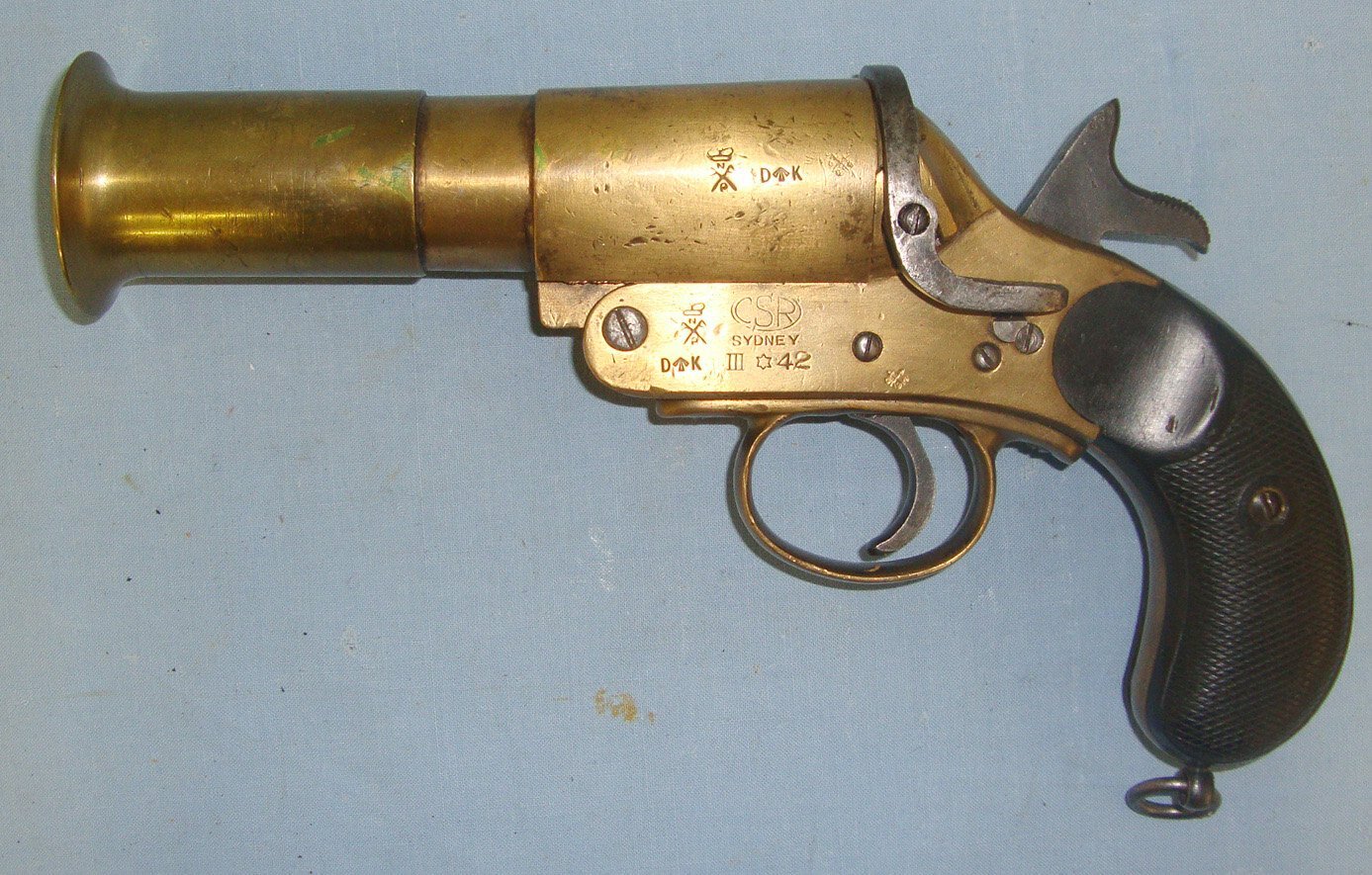  WW2 1942 Australian WD \'CSR\' The Colonial Sugar Refinery, Sydney NSW MK III* Brass Signal Flare Pistol. D 1479 None Single Shot