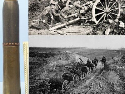 INERT DEACTIVATED. WW1, 1917 Dated, Fired, British 18 Pdr Shrapnel Round Fitted With A No. 80 Mark VI Time And Percussion Nose Fuze. - O 2183 WW1, 1917 Dated, Fired, British 18 Pdr Shrapnel Round Fitted With A No. 80 Mark VI Time And Percussion Nose Fuze. - O 2183  Other Ammunition