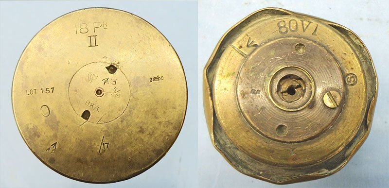 INERT DEACTIVATED. WW1, 1917 Dated, Fired, British 18 Pdr Shrapnel Round Fitted With A No. 80 Mark VI Time And Percussion Nose Fuze. - O 2183 WW1, 1917 Dated, Fired, British 18 Pdr Shrapnel Round Fitted With A No. 80 Mark VI Time And Percussion Nose Fuze. - O 2183  Other Ammunition