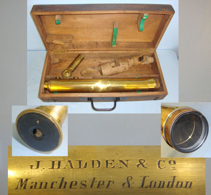  J. Halden & Co., Manchester & London Brass 2 Draw Telescope With Period Wood Desk / Table Stand.  Sight & Optic