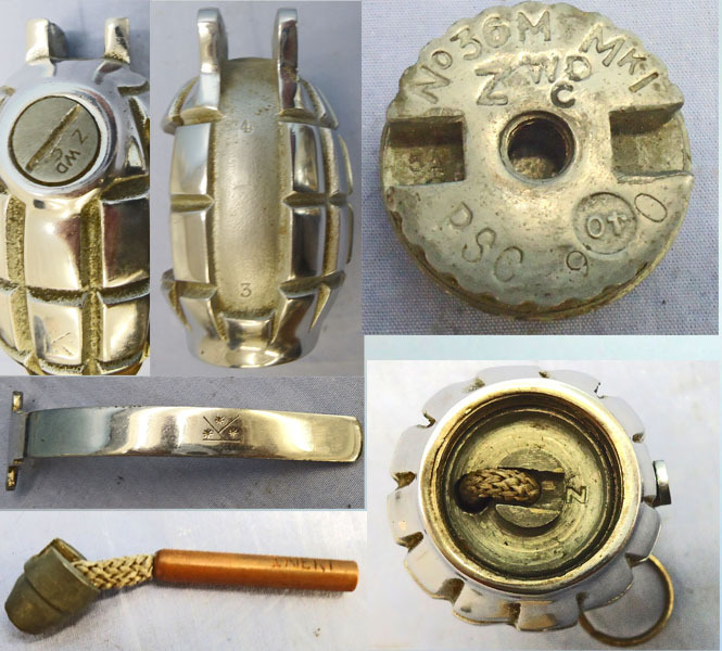 INERT DEACTIVATED. 1940 Dated, Mills No 36M MK1, Factory Cutaway, Chrome Plated, Hand Grenade & Rifle Grenade Gas Check By A.Kindrick & Sons. - O 1942 INERT DEACTIVATED. 1940 Dated, Mills No 36M MK1, Factory Cutaway, Chrome Plated, Hand Grenade & Rifle Grenade Gas Check By A.Kindrick & Sons. - O 1942  Other Ammunition
