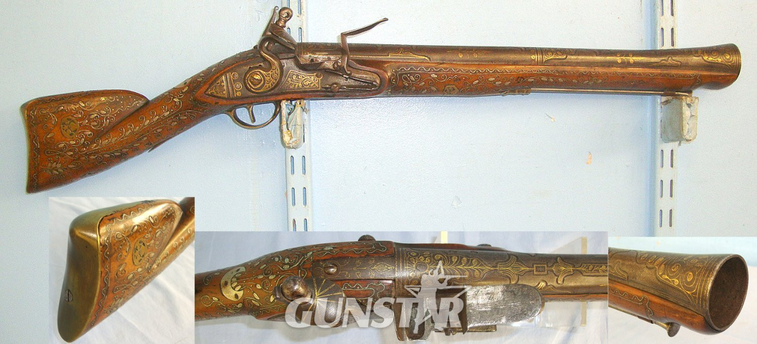 VERY ORNATE PROFUSELY SILVER WIRE INLAID & GOLD SCROLL DECORATED**C1790 Turkish Ottoman Flintlock Blunderbuss With Short Shoulder Stock. Sn 23441 flintlock Muzzleloader Various in 