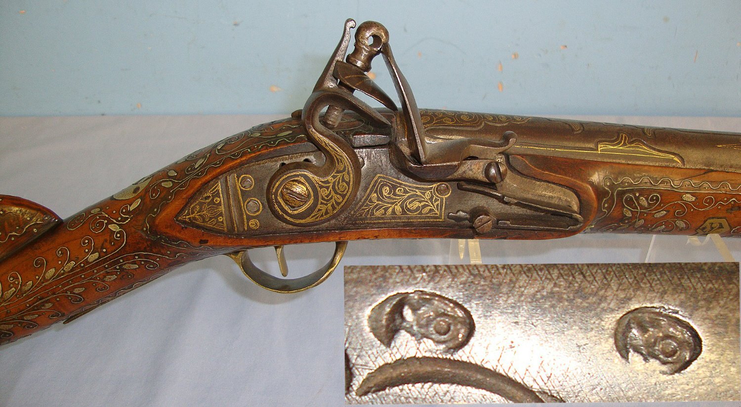 VERY ORNATE PROFUSELY SILVER WIRE INLAID & GOLD SCROLL DECORATED**C1790 Turkish Ottoman Flintlock Blunderbuss With Short Shoulder Stock. Sn 23441 flintlock Muzzleloader Various