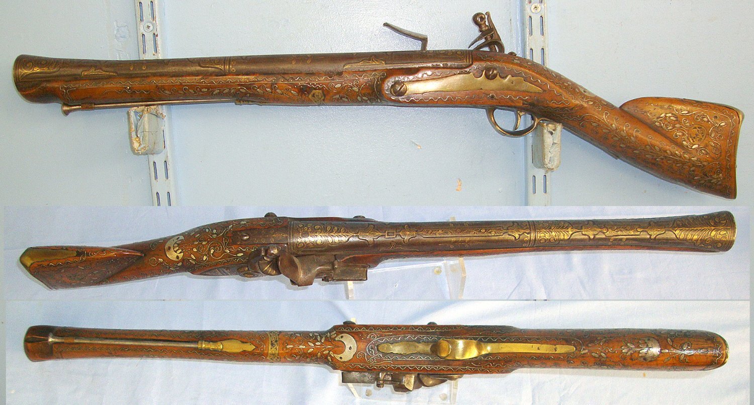  VERY ORNATE PROFUSELY SILVER WIRE INLAID & GOLD SCROLL DECORATED**C1790 Turkish Ottoman Flintlock Blunderbuss With Short Shoulder Stock. Sn 23441 flintlock Muzzleloader Various