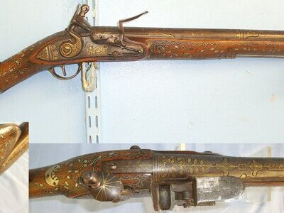 VERY ORNATE PROFUSELY SILVER WIRE INLAID & GOLD SCROLL DECORATED**C1790 Turkish Ottoman Flintlock Blunderbuss With Short Shoulder Stock. Sn 23441 flintlock Muzzleloader Various