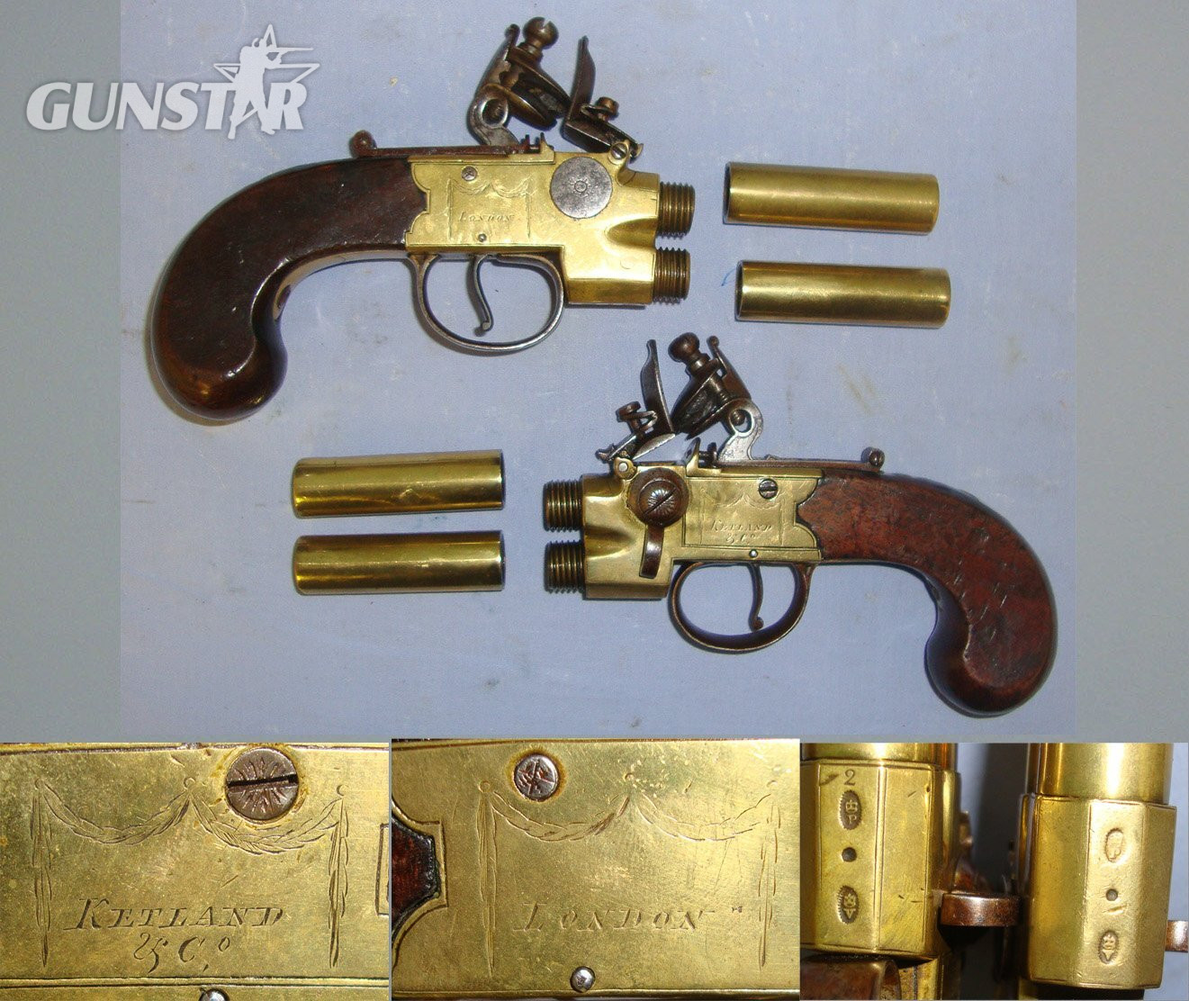 QUALITY**1785-1819 Cased Pair Of English Ketland & Co London Brass Action & Barrels 50 Bore Tap Action Double Barrel Flintlock Pistols  With English Proofs, Turn Off Barrels & Original Accessories. Sn 22967:3 .50 Cal Muzzleloader Muzzleloader in 