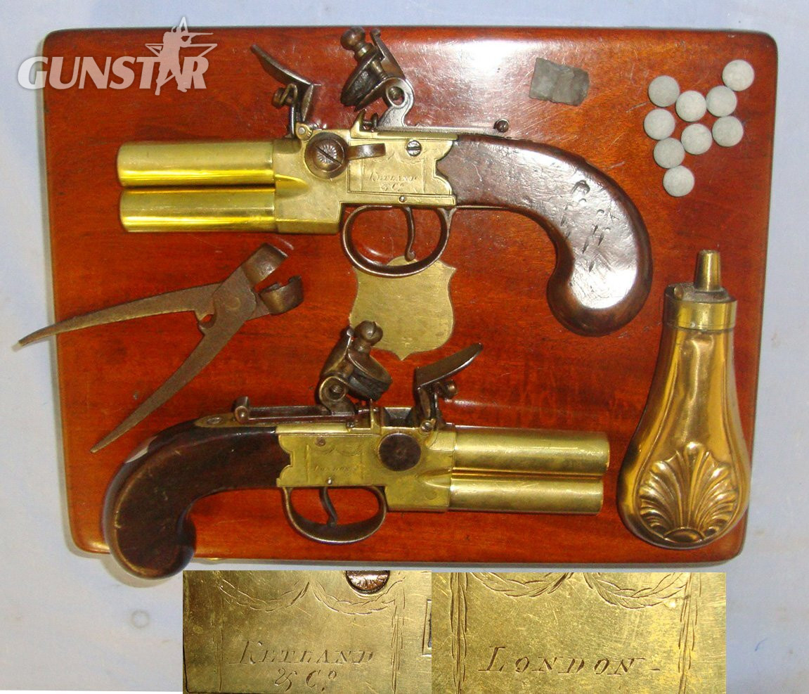 QUALITY**1785-1819 Cased Pair Of English Ketland & Co London Brass Action & Barrels 50 Bore Tap Action Double Barrel Flintlock Pistols  With English Proofs, Turn Off Barrels & Original Accessories. Sn 22967:3 .50 Cal Muzzleloader Muzzleloader