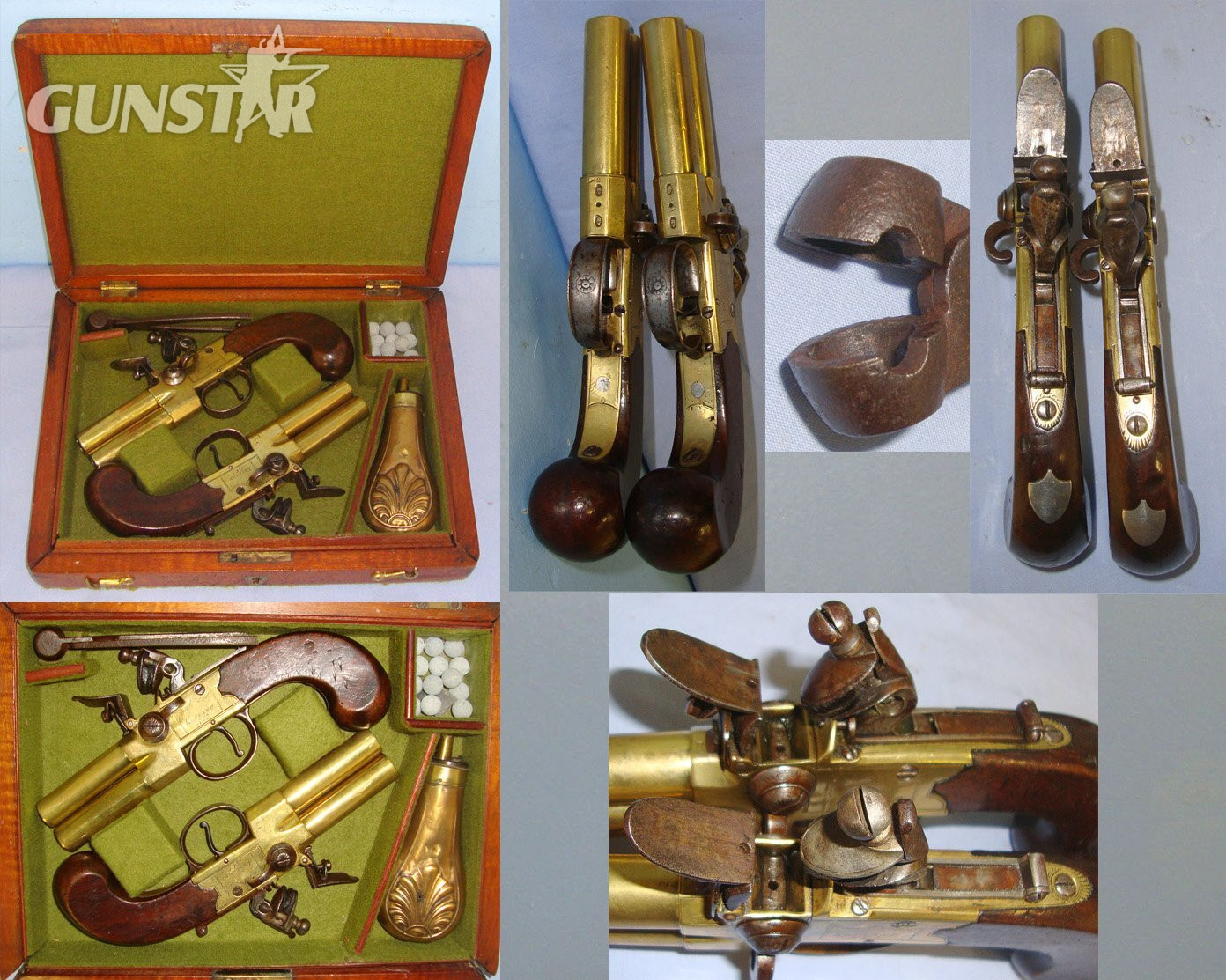  QUALITY**1785-1819 Cased Pair Of English Ketland & Co London Brass Action & Barrels 50 Bore Tap Action Double Barrel Flintlock Pistols  With English Proofs, Turn Off Barrels & Original Accessories. Sn 22967:3 .50 Cal Muzzleloader Muzzleloader
