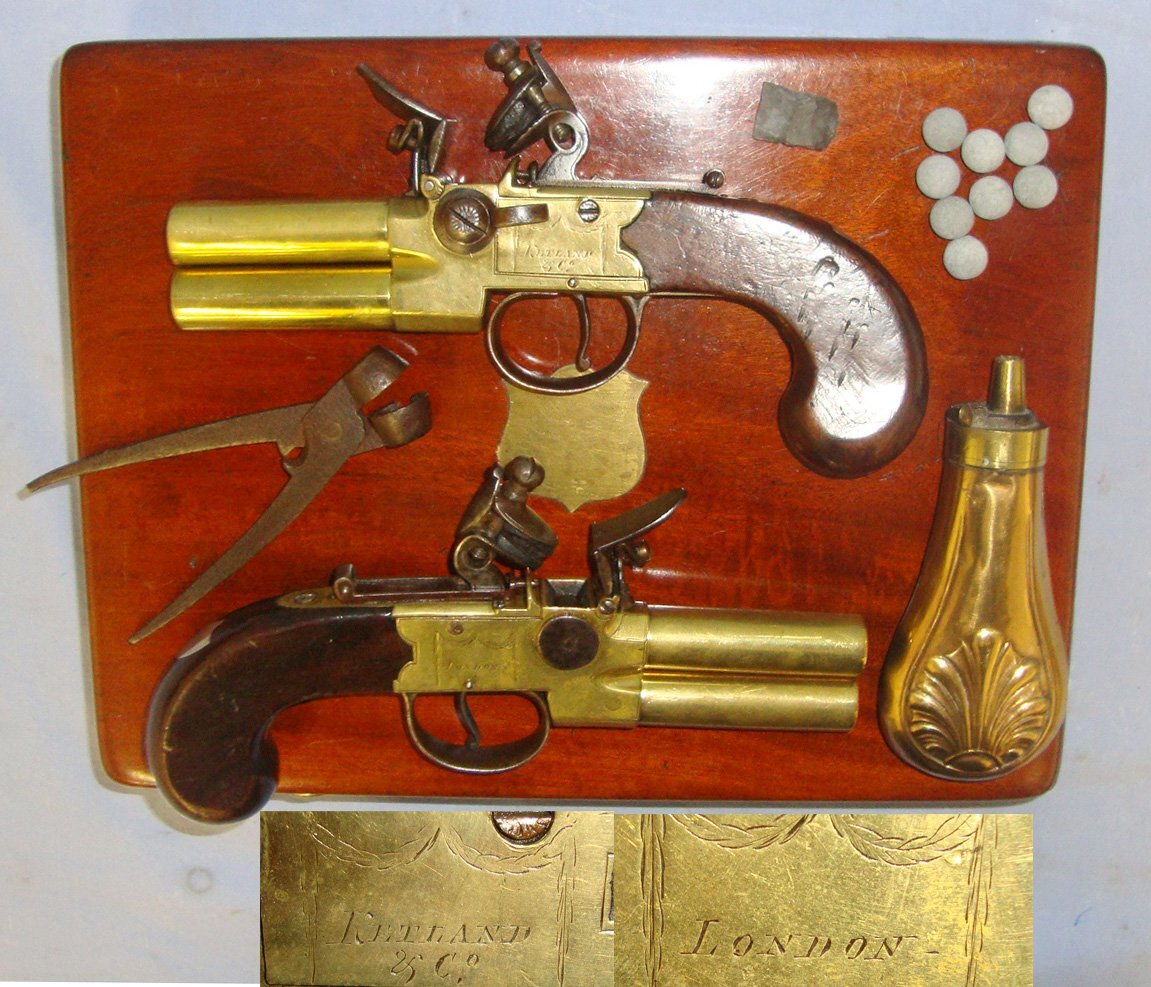 QUALITY**1785-1819 Cased Pair Of English Ketland & Co London Brass Action & Barrels 50 Bore Tap Action Double Barrel Flintlock Pistols  With English Proofs, Turn Off Barrels & Original Accessories. Sn 22967:3 .50 Cal Muzzleloader Muzzleloader
