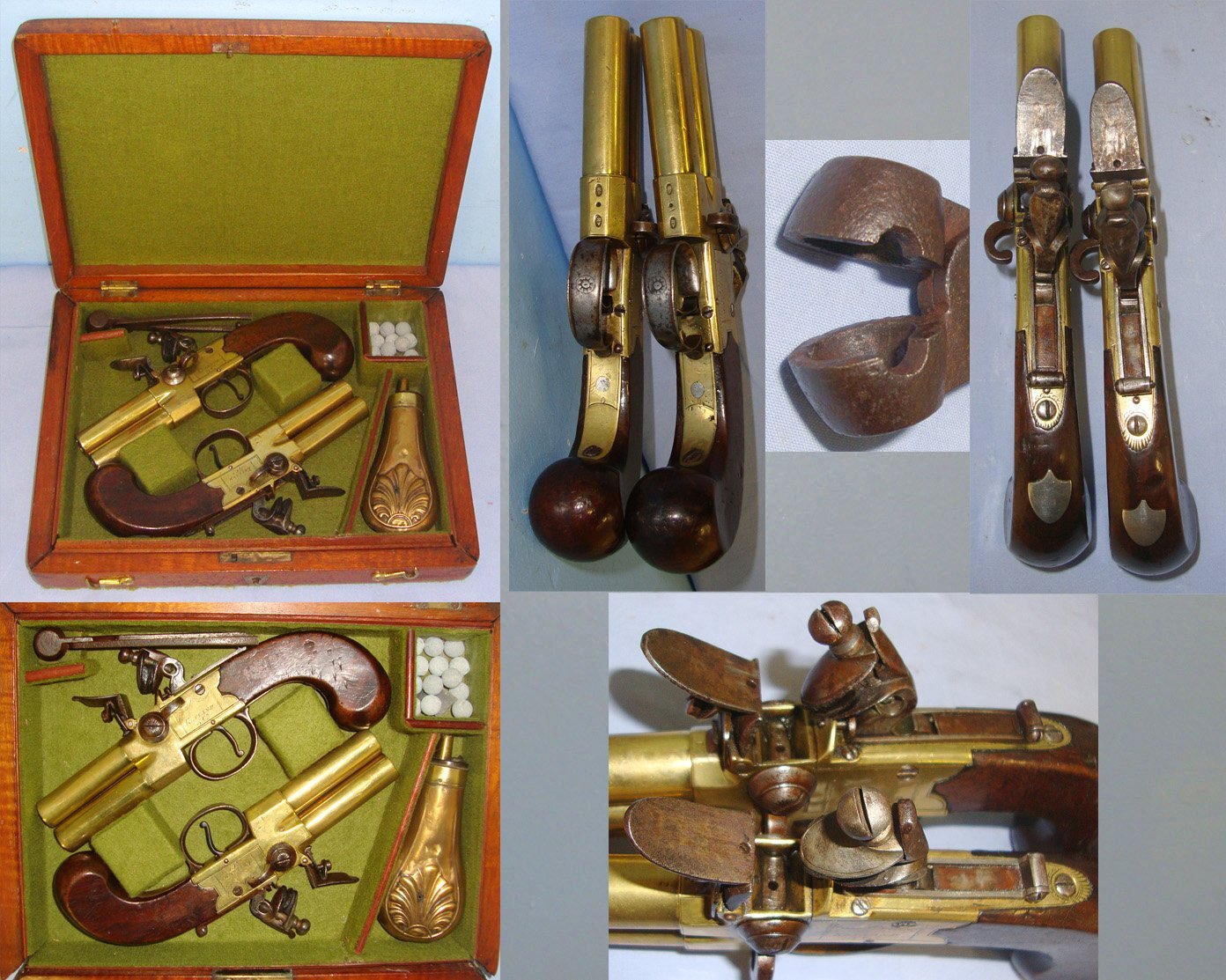  QUALITY**1785-1819 Cased Pair Of English Ketland & Co London Brass Action & Barrels 50 Bore Tap Action Double Barrel Flintlock Pistols  With English Proofs, Turn Off Barrels & Original Accessories. Sn 22967:3 .50 Cal Muzzleloader Muzzleloader