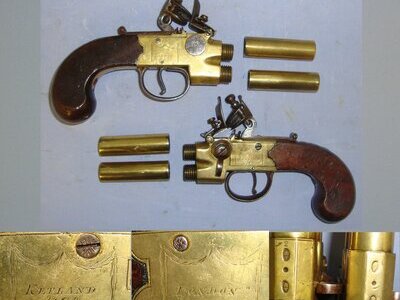 QUALITY**1785-1819 Cased Pair Of English Ketland & Co London Brass Action & Barrels 50 Bore Tap Action Double Barrel Flintlock Pistols  With English Proofs, Turn Off Barrels & Original Accessories. Sn 22967:3 .50 Cal Muzzleloader Muzzleloader