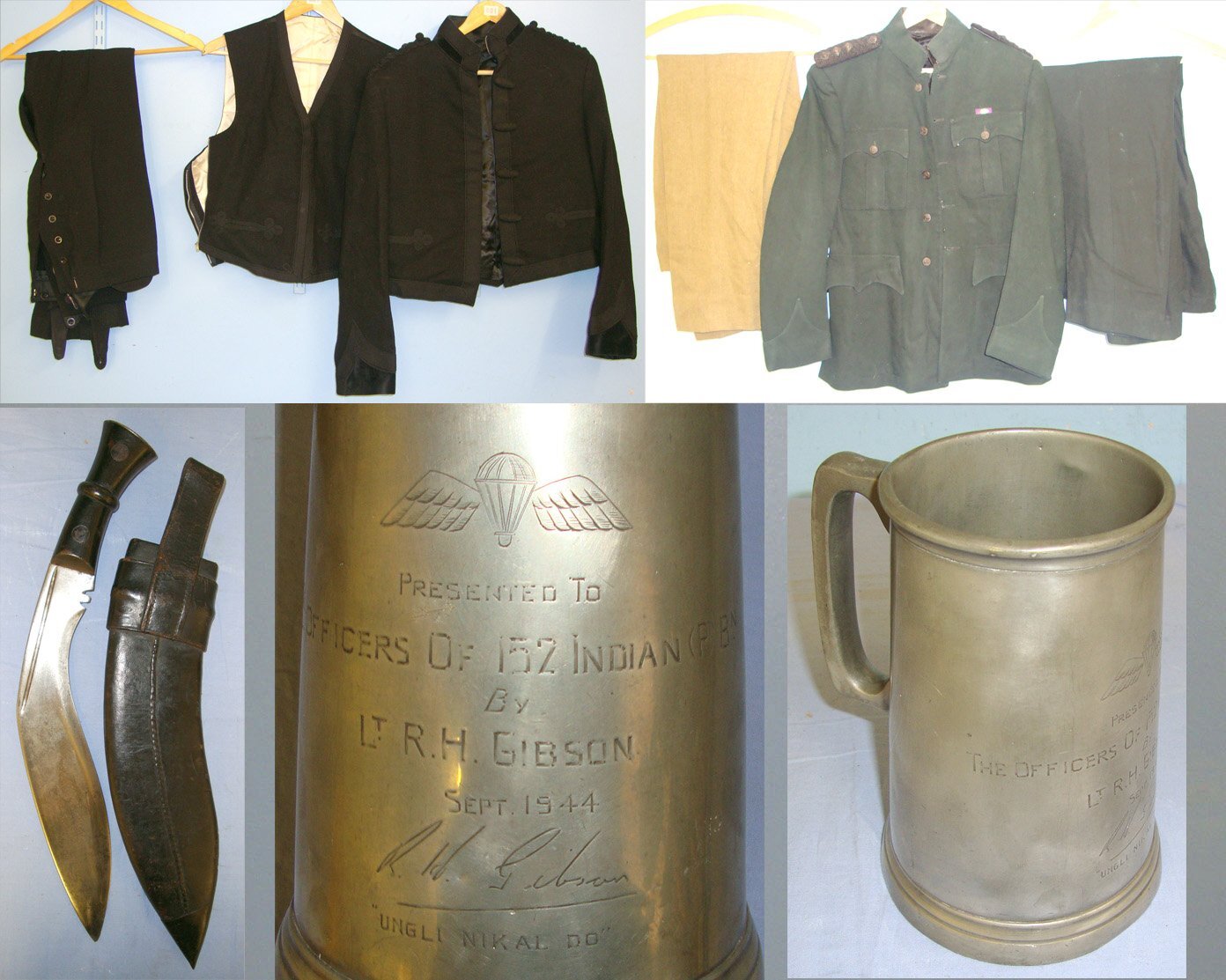 RARE, ONE OF ONLY 1400** British WD Military Issue 1951 Contract WSC (Wilkinson Sword Company) Kukri With Scabbard, Uniform Collection & 1944 Mess Presentation Tankard All To Lt R.T. Gibson 152 Indian Punjab Parachute Battalion. ED 2702 Knive in 