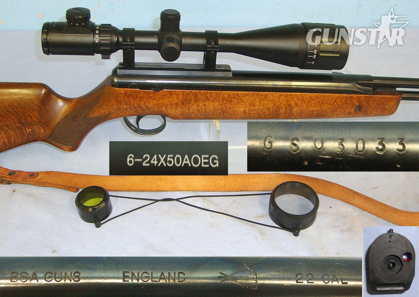 MINT**1991-2001 B.S.A. Goldstar Under Lever .22 Calibre Spring Air Rifle With 10 Shot Removable Rotary Magazine, Sound Moderator, 6-24x50 AOEG Magnification Telescopic Sight With Lens Protector Covers & Sling. Sn 23539  air rifle .22