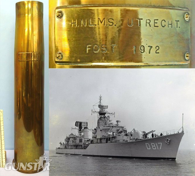 INERT DEACTIVATED. Dutch 12cm No 10 (120 x 835R) Cartridge Case with a brass Plaque to the Dutch Destroyer HNLMS Utrecht (D 817) on Naval Exercise FOST in 1972. Sn - 21237 INERT DEACTIVATED. Dutch 12cm No 10 (120 x 835R) Cartridge Case with a brass Plaque to the Dutch Destroyer HNLMS Utrecht (D 817) on Naval Exercise FOST in 1972. Sn - 21237  Other Ammunition in 
