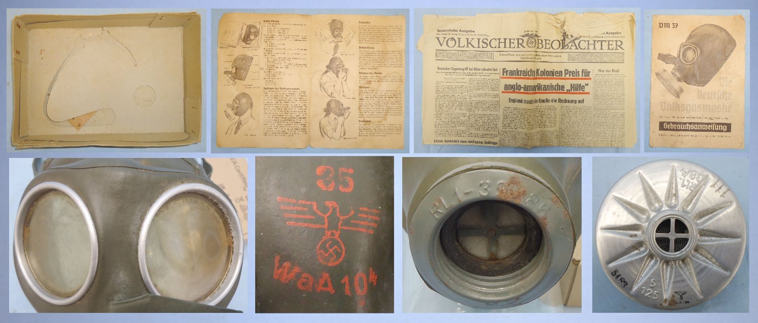  Original Boxed WWII German DM 37 Volksgasmaske ‘Peoples Gas Mask’ with Original Instruction Book. 22441:27. Original Boxed WWII German DM 37 Volksgasmaske ‘Peoples Gas Mask’ with Original Instruction Book. 22441:27.  Antique & Militaria
