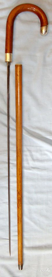  Inter War 1932 British Gentleman’s Mallaca Sword Stick With Sterling Silver Hall Marked Mounts Presented To D. Aspinall 12th May 1932 By His Fellow Workers With Blued & Etched Panels Blade. Sn 14448 Sword
