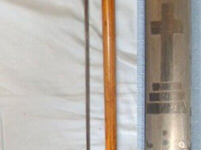 Inter War 1932 British Gentleman’s Mallaca Sword Stick With Sterling Silver Hall Marked Mounts Presented To D. Aspinall 12th May 1932 By His Fellow Workers With Blued & Etched Panels Blade. Sn 14448 Sword