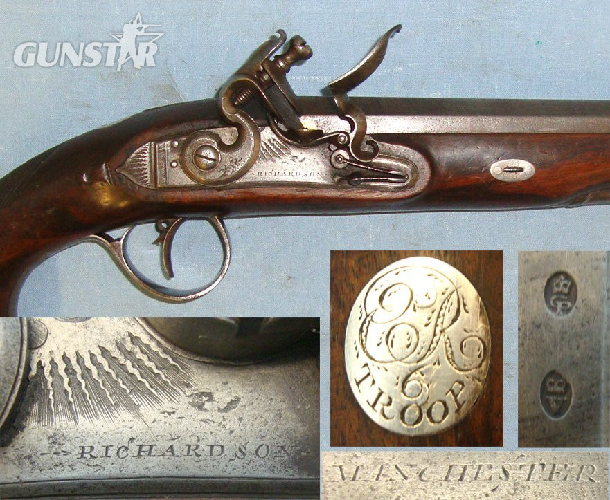 MINT BORE**QUALITY MADE**1793-1830 Richardson Manchester .650 Carbine Calibre Yeomanry Cavalry Officer\'s Flintlock Pistol With Gold & Silver Fittings And Inlaid Silver Disc Engraved With Georgian Royal Cypher & '6 Troop'. Sn 22426:35 .65 Cal Muzzleloader Muzzleloader in 