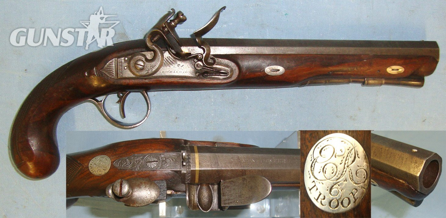 MINT BORE**QUALITY MADE**1793-1830 Richardson Manchester .650 Carbine Calibre Yeomanry Cavalry Officer\'s Flintlock Pistol With Gold & Silver Fittings And Inlaid Silver Disc Engraved With Georgian Royal Cypher & '6 Troop'. Sn 22426:35 .65 Cal Muzzleloader Muzzleloader