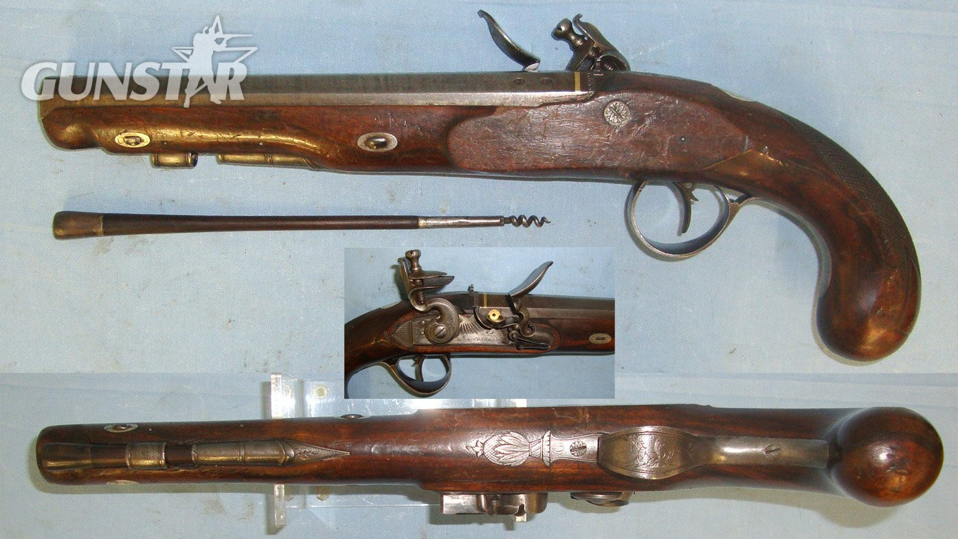  MINT BORE**QUALITY MADE**1793-1830 Richardson Manchester .650 Carbine Calibre Yeomanry Cavalry Officer\'s Flintlock Pistol With Gold & Silver Fittings And Inlaid Silver Disc Engraved With Georgian Royal Cypher & '6 Troop'. Sn 22426:35 .65 Cal Muzzleloader Muzzleloader
