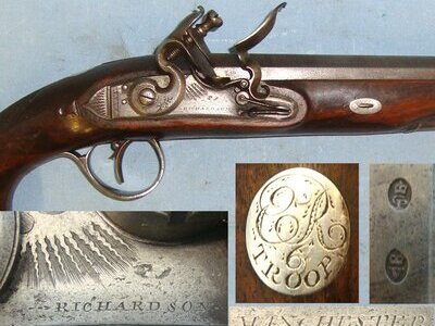 MINT BORE**QUALITY MADE**1793-1830 Richardson Manchester .650 Carbine Calibre Yeomanry Cavalry Officer\'s Flintlock Pistol With Gold & Silver Fittings And Inlaid Silver Disc Engraved With Georgian Royal Cypher & '6 Troop'. Sn 22426:35 .65 Cal Muzzleloader Muzzleloader