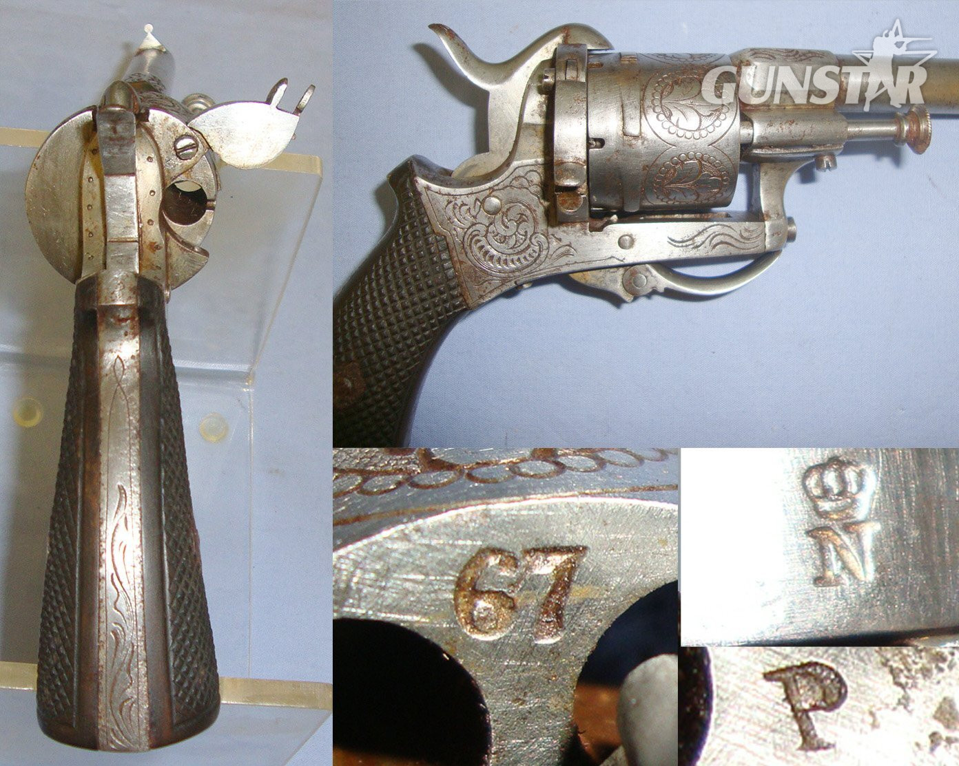 C1870 Clamshell Hard Cased Belgian Liege 9mm Pin Fire Obsolete Calibre 6 Shot Double Action Only Revolver With Ornate Tooled Decoration, Folding Trigger, Captive Swivel Extractor Rod. Sn 21393:4 9mm Revolver