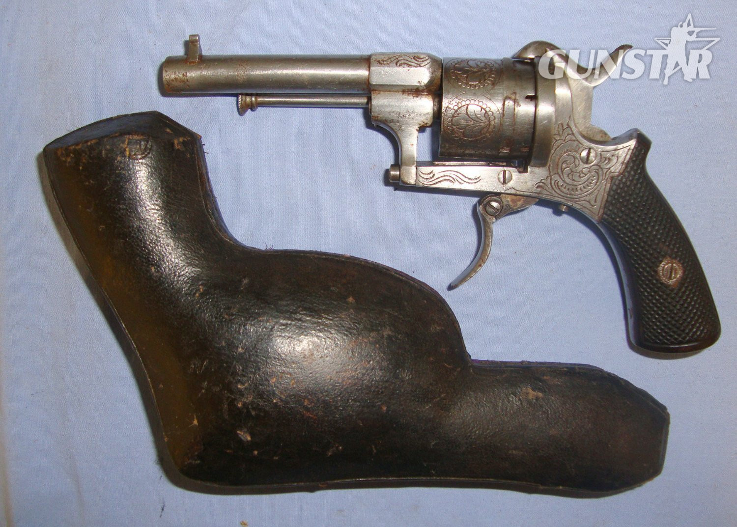  C1870 Clamshell Hard Cased Belgian Liege 9mm Pin Fire Obsolete Calibre 6 Shot Double Action Only Revolver With Ornate Tooled Decoration, Folding Trigger, Captive Swivel Extractor Rod. Sn 21393:4 9mm Revolver