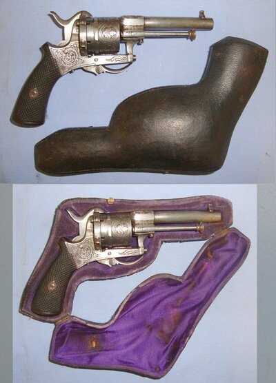 C1870 Clamshell Hard Cased Belgian Liege 9mm Pin Fire Obsolete Calibre 6 Shot Double Action Only Revolver With Ornate Tooled Decoration, Folding Trigger, Captive Swivel Extractor Rod. Sn 21393:4 9mm Revolver