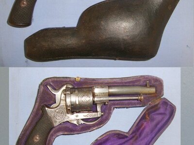 C1870 Clamshell Hard Cased Belgian Liege 9mm Pin Fire Obsolete Calibre 6 Shot Double Action Only Revolver With Ornate Tooled Decoration, Folding Trigger, Captive Swivel Extractor Rod. Sn 21393:4 9mm Revolver